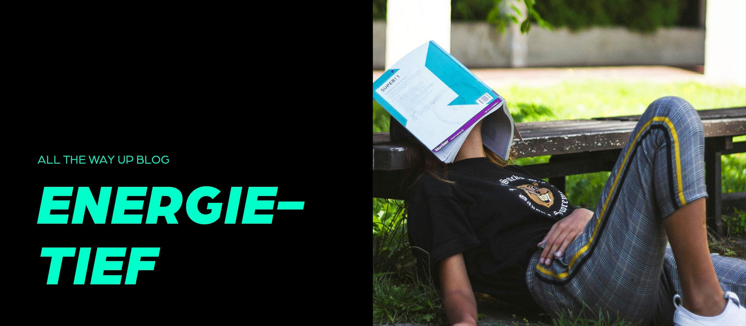 Frau liegt erschöpft mit Buch auf dem Gesicht auf einer Parkbank – Symbol für Müdigkeit und Energietief im Alltag