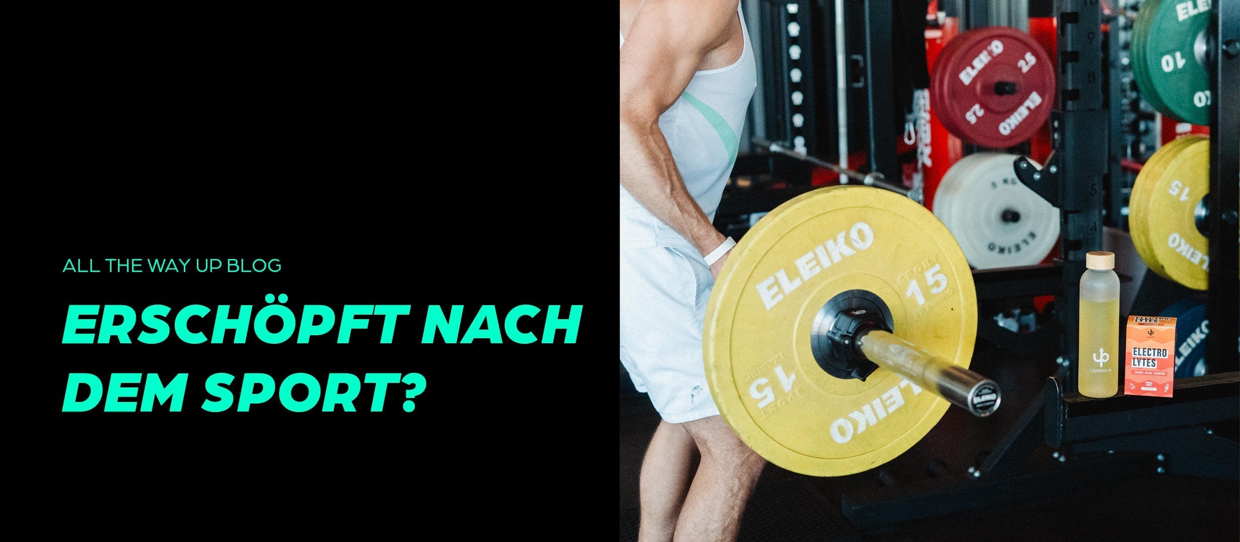 Sportler beim Krafttraining mit Langhantel im Fitnessstudio, daneben Upsters Electrolytes zur Regeneration nach dem Sport – KI-generiertes Bild