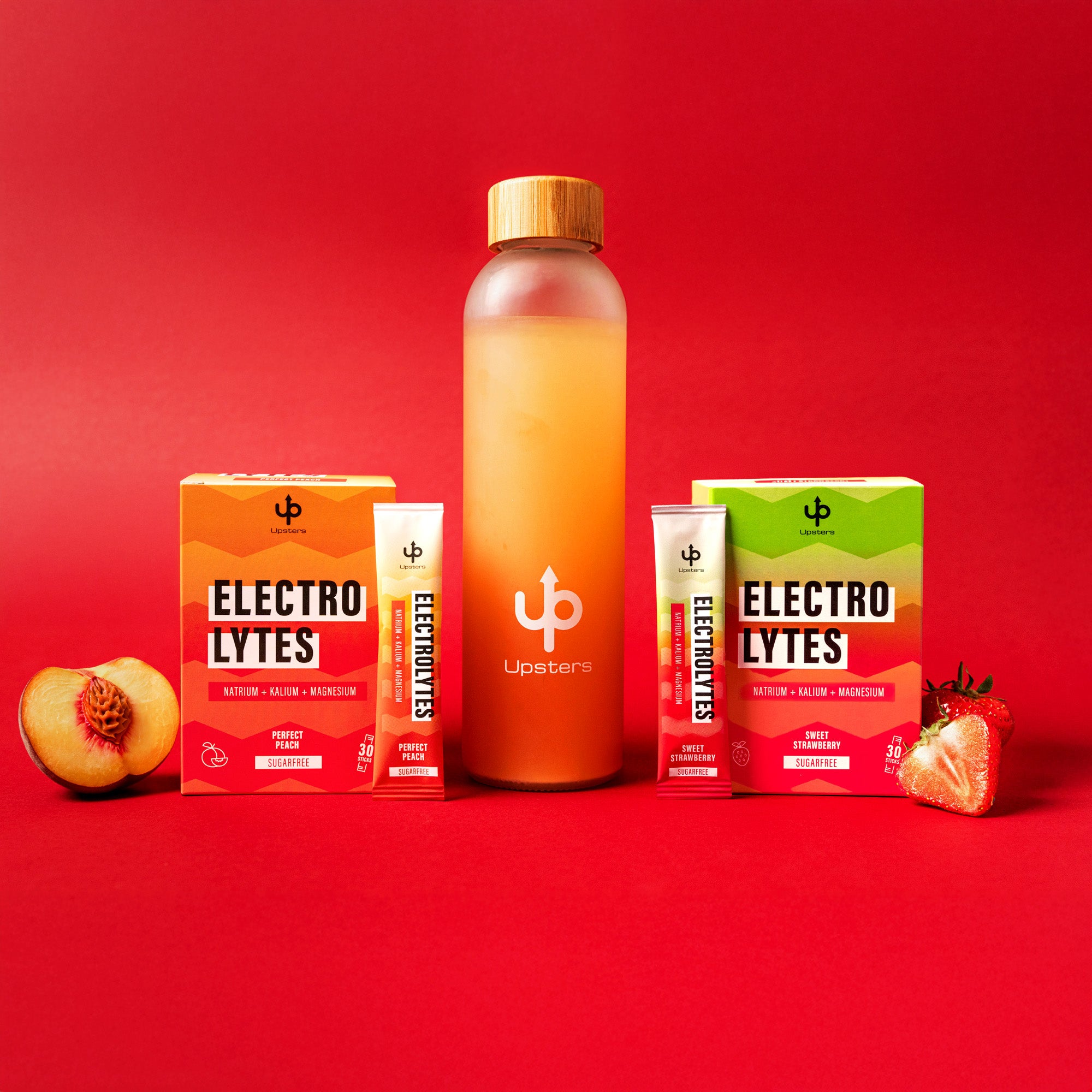 Upsters Electrolytes Bundle mit Flasche – Perfect Peach &amp; Sweet Strawberry