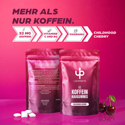 Koffein Kaugummi Childhood Cherry – 52 mg Koffein, vegan, zuckerfrei - Refillpack + Dose