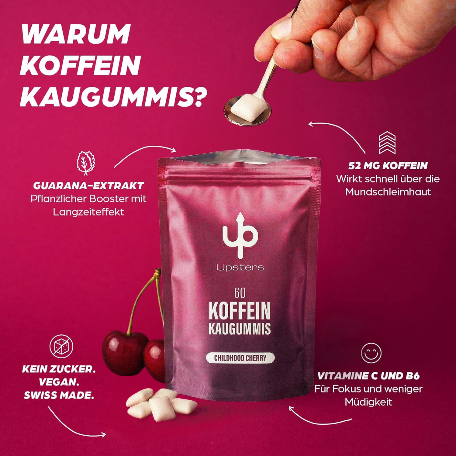 Koffein Kaugummi Childhood Cherry – 52 mg Koffein, vegan, zuckerfrei - Refillpack + Dose