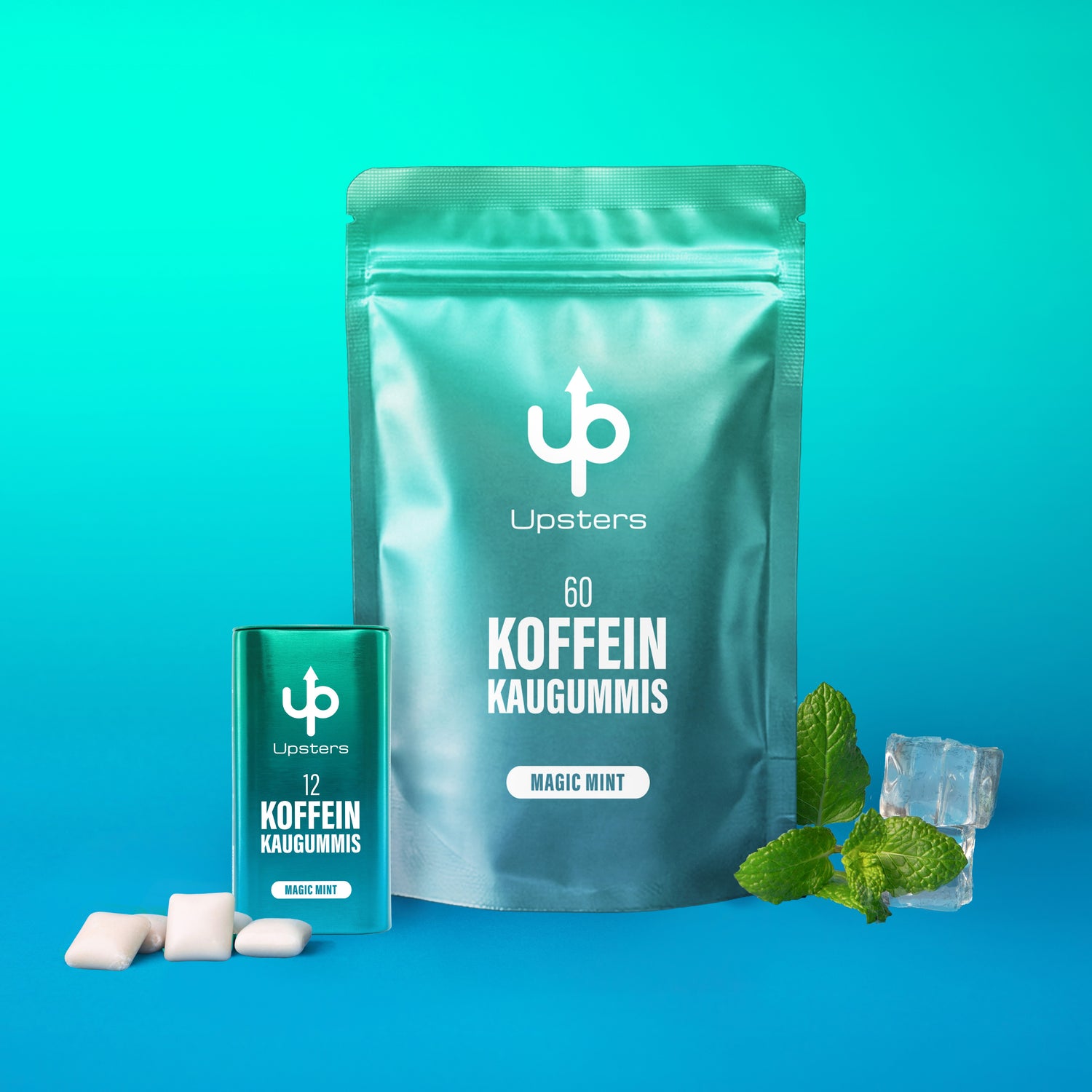 Koffein Kaugummi Magic Mint – 60 mg Koffein, vegan, zuckerfrei - Refillpack + Dose